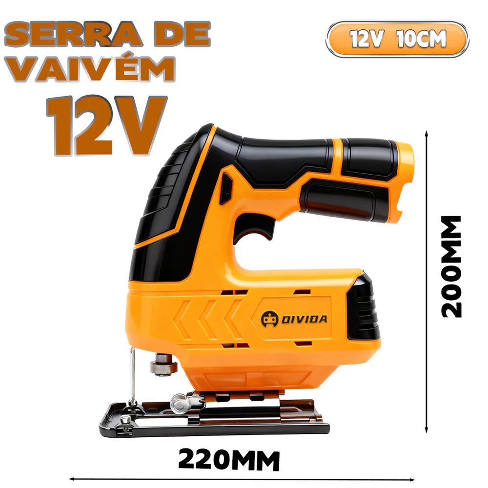Serra Tico-Tico Sem Fio 12V Profissional + 2 Baterias Kit Completo 2200RPM Maleta e Lâminas - Corte Madeira Metal Alumínio