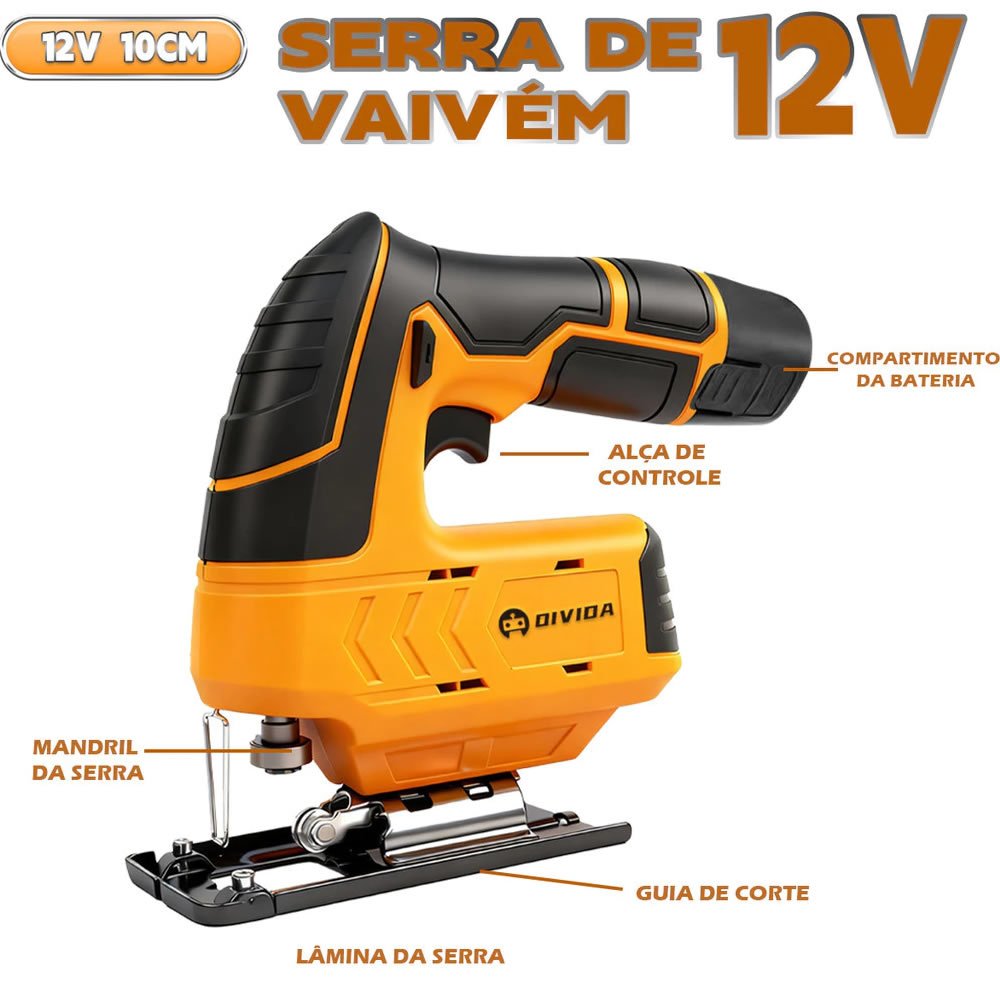 Serra Tico-Tico Sem Fio 12V Profissional + 2 Baterias Kit Completo 2200RPM Maleta e Lâminas - Corte Madeira Metal Alumínio - Imagem 6