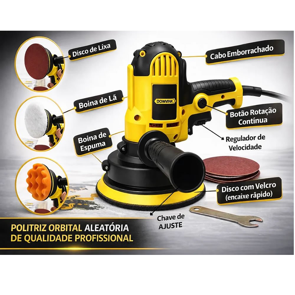 Politriz Angular Automotiva Orbital 600W Bomvink 110V Profissional Com Regulador De Velocidade + Kit Acessórios Lixa Boina - Imagem 5