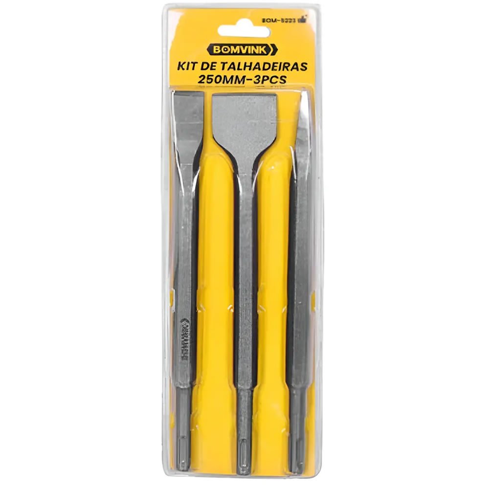 Kit Jogo De Talhadeiras E Ponteiro 250mm Bomvink 3 Peças Encaixe SDS Plus Aço Temperado Para Concreto Alvenaria